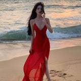 2025 Seaside photo Sanya beach dress holiday wind sexy elegant ruffle leaf edge long high split suspender dress women