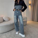 women's Popular trade suit splicing denim jumpsuit high waist casual straight slim jumpsuit women