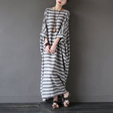 spring new ethnic style literary and retro robe medium and long retro loose striped cotton and linen dress women