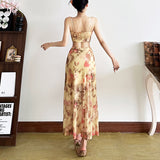 2025 style  spring new women's clothing retro floral lace-up bow suspender long dress dress