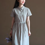 summer Mori retro literary temperament plaid shirt skirt lace-up waist Japanese medium and long dress women