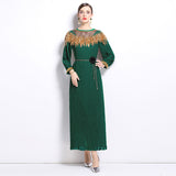 senior celebrity Fan Heavy Industry bead dress skirt temperament imperial sister Fan lantern sleeve pleated loose long dress