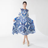 2025 Hot trade women's dress design sense high sense blue and white porcelain horn sleeves loose a-shaped skirt thin skirt