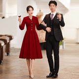 Large size toast dress bride  new long-sleeved burgundy wedding engagement dress large lapel dress