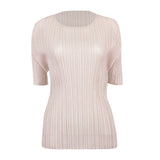 Miyake summer new Korean version simple basic solid color round neck pleated t-shirt slim and thin bottoming shirt top