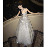 Silver evening dress light luxury niche sequins host banquet temperament celebrity toast dress bride