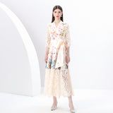 Early Spring - Vacation Wrap Lace-Up Style V-Neck Long Sleeve Vintage Lace Patchwork Printed Dress