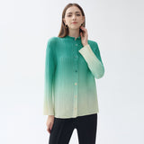 spring gradual change pleated chiffon shirt versatile casual small open neck sweet thin long sleeve printed top women