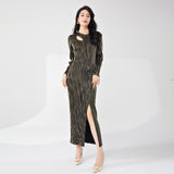 2025 Bronzing high-end dress high-end sense long-sleeved autumn new skirt split ends fashion temperament elegant dress long dress