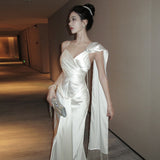 2025 high-end sense niche satin temperament suspender morning robe female bride engagement certificate white dress photo dress