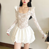 2025 style popular winter new women's clothing exquisite lace hollow lace contrasting color splicing long-sleeved dress