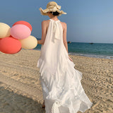 2025 White Elegant Fairy Neck Lotus Leaf Edge Holiday Dress Summer Fairy Seaside Beach Dress Cake Dress