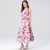 New fashion dress women's retro fashion positioning printing waist and thin temperament round neck sleeveless dress