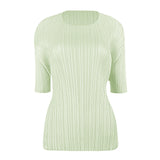 Miyake summer new Korean version simple basic solid color round neck pleated t-shirt slim and thin bottoming shirt top