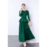 Miyake irregular swing skirt  spring new solid color lace-up pleated waist top dress two suits women