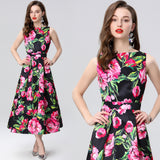 Celebrity high-end printed vest dress women's summer dress new waist and thin temperament elegant big swing dress dress