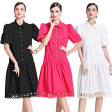 lace hollow splicing bubble sleeve temperament dress women's  summer new white loose medium and long dress