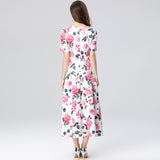 summer new short-sleeved waist slim-fitting and thin printed round neck medium and long big pendulum dress women