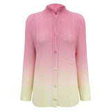 spring gradual change pleated chiffon shirt versatile casual small open neck sweet thin long sleeve printed top women