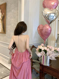 2025 Pink backless neck sling dress women's summer new coffee break beautiful  sexy seaside vacation dress