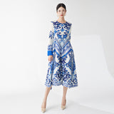 2025 Hot trade women's dress design sense high sense blue and white porcelain horn sleeves loose a-shaped skirt thin skirt