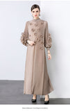 Elegant bead three-dimensional flower dress women's spring pleated bubble sleeve disc flower large size elastic slim dress
