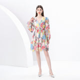 women's clothing  early spring new painted retro V-neck single-breasted printed wide pendulum long dress