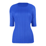 Miyake summer new Korean version simple basic solid color round neck pleated t-shirt slim and thin bottoming shirt top