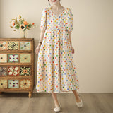 Polka dot cotton and linen dress for women  summer new Korean version fashion bubble sleeves dopamine wear long dress for women