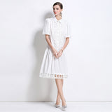lace hollow splicing bubble sleeve temperament dress women's  summer new white loose medium and long dress