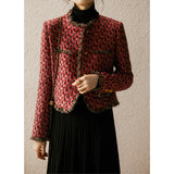 2025 Heavy Industry Premium Wool Xiaoxiangfeng Jacket Red Woven Tweed Thousand Birds Plaid Women's Autumn and Winter Short