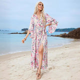 Popular trade 2025 women's clothing 2025 summer V-neck ruffle edge split long dress with strap waist print dress