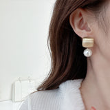 2025 Stylish and simple geometric square brushed matte pearl earrings women's s925 silver needle temperament versatile high-end earrings