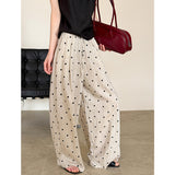 2025  summer new polka dot elastic waist drawstring linen wide-leg pants loose lazy wind 8111-1