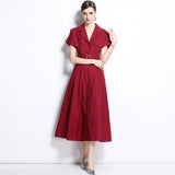 Retro British style single-breasted V-neck short-sleeved dress with waist and belt, thin shirt skirt, multi-pocket A-shaped skirt