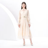 Early Spring - Retro Style Crew Neck Lantern Sleeve Embroidered Wide Swing Long Dress