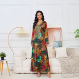 MT112 Middle East New e-commerce Muslim robe women's clothing, new printed V-neck long-sleeved dress