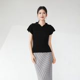2025 short-sleeved women's t-shirt design sense 2025 summer new lapel solid color simple versatile pullover commuter top