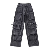 European and American Street Trend Hip Hop Multi-Pocket Heavy Industry Washed Jeans Women's High Waist Retro Workwear Straight Casual Pants