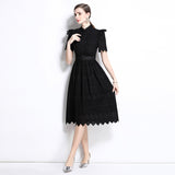 summer new  retro niche stand-up collar ruffle edge splicing waist hollow embroidery short-sleeved dress
