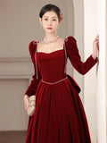 Burgundy Velvet Toast Bride Princess on the Run  New Long Sleeve Engagement Wedding Evening Dress Women