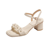 WOLOONG Women's Chunky Summer Buckle All-match Square Toe Heels