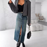 2025 Retro fashion  New high waist split denim skirt washed slim hip skirt medium and long skirt women