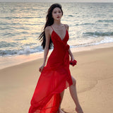 2025 Seaside photo Sanya beach dress holiday wind sexy elegant ruffle leaf edge long high split suspender dress women