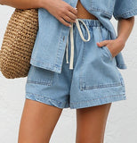 2025 New retro casual loose pocket short-sleeved shirt shorts denim two-piece set