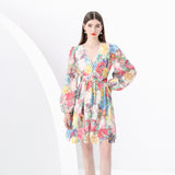 women's clothing  early spring new painted retro V-neck single-breasted printed wide pendulum long dress