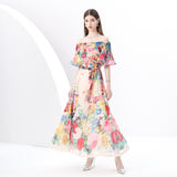 women's clothing  early spring - painted holiday one-word shoulder pleated ruffle edge holiday printed long dress