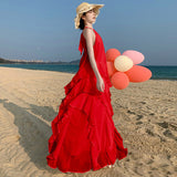 2025 White Elegant Fairy Neck Lotus Leaf Edge Holiday Dress Summer Fairy Seaside Beach Dress Cake Dress