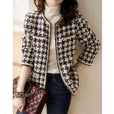 2025 Wool tweed, thousand bird grid small fragrant coat women's clothing black and white contrasting colors  spring and autumn short fashion style