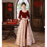 New Chinese toast dress bride  new burgundy debut banquet wedding engagement evening dress back door
